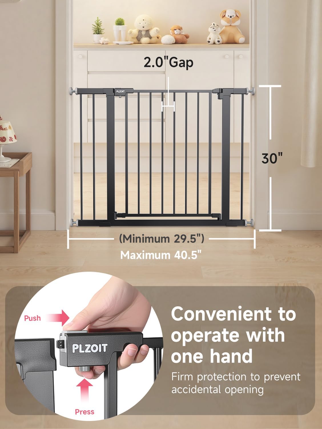 29.5-40.5 Baby Gate for Stairs, Dog Gate for Doorways, Walk Thru Auto Close Metal Baby Safety Gate for The House, Stairs and Doorways, Child Gate Pressure Mounted, Pet Gate for Dog Indoor - Black